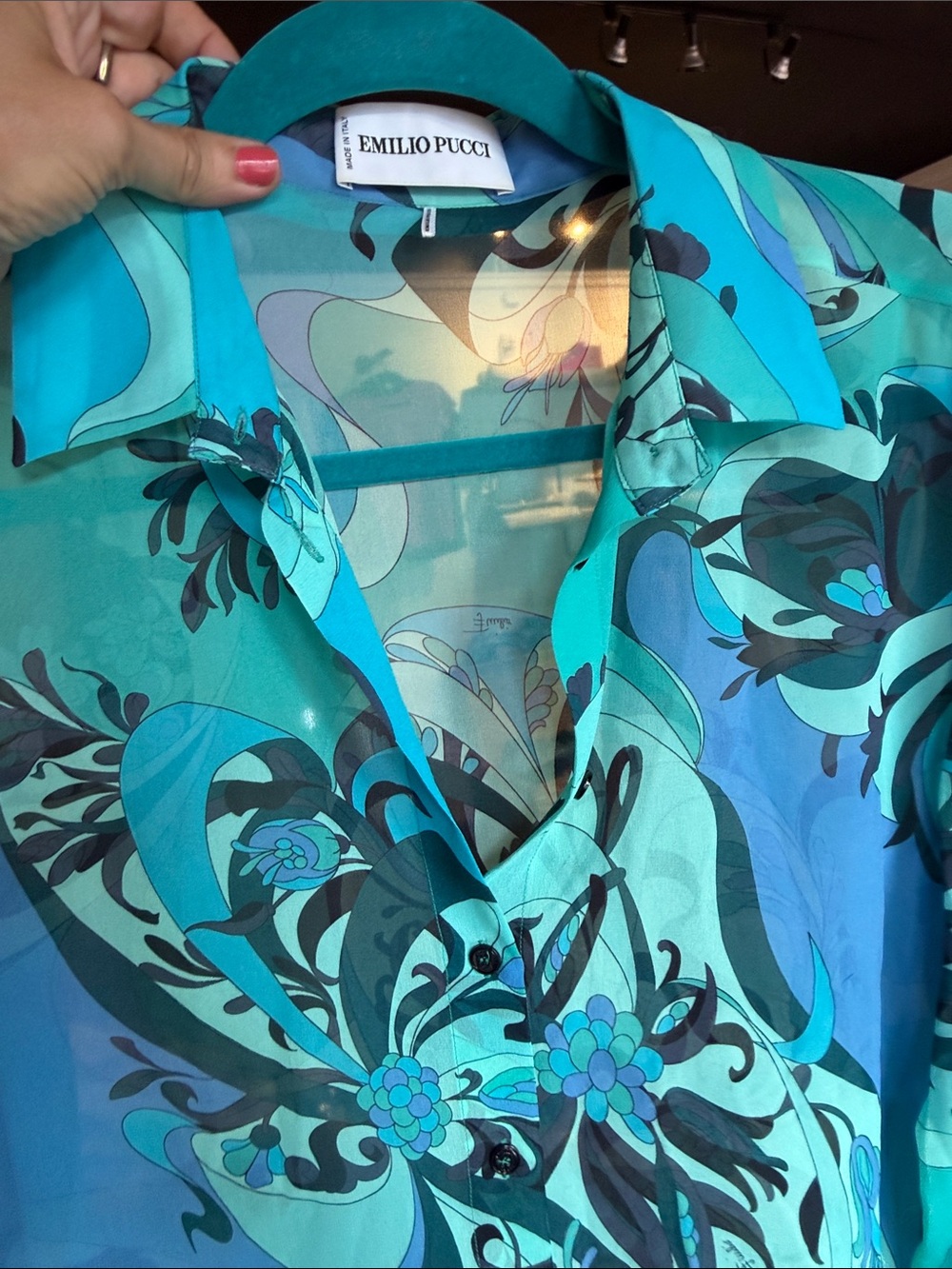 Emilio Pucci Turquoise and Teal Abstract Floral Sheer Button-Front Top